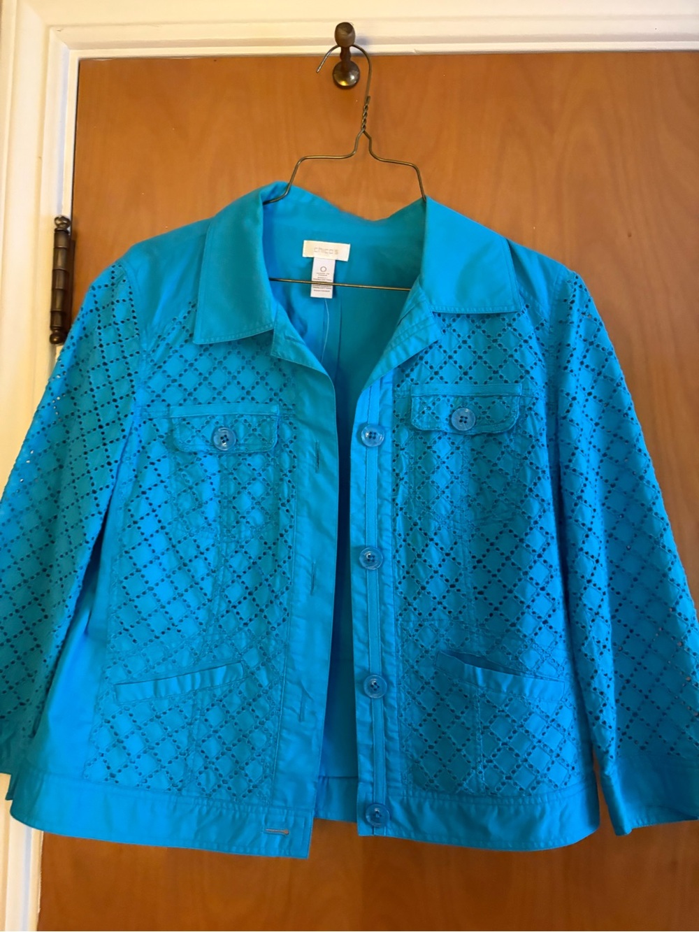 Chico's Bright Turquoise Eyelet Cotton Jacket